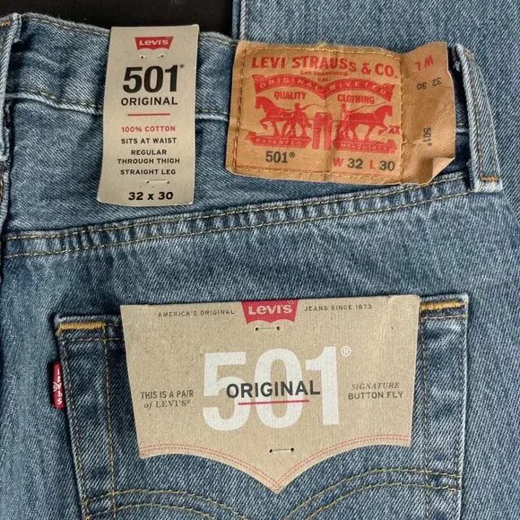 Levi's 501 Original Button Fly Medium Wash Denim Jeans Men's Sizes 32x30 - 34x34 - Picture 5 of 5